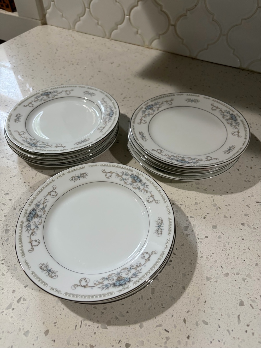 “Diane” Classic White Porcelain Salad Plates with Silver Rim and Blue Floral